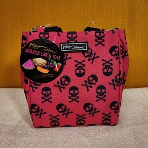 Betsey Johnson Skull Bones Pink Zip Top Insulated Lunch Tote Lunch Bag NEW